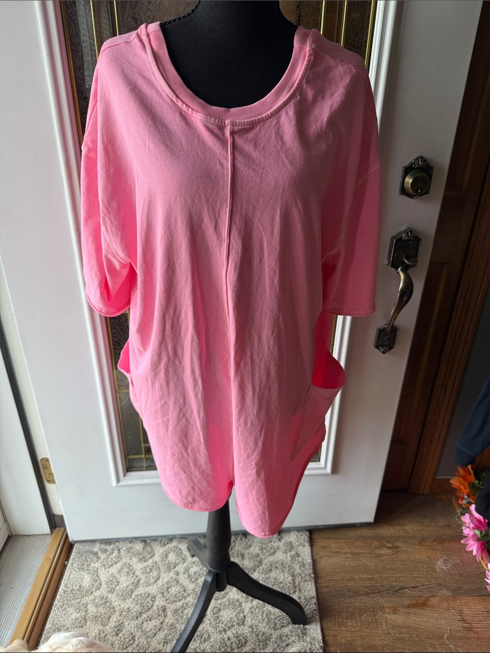 Free People Oversized Scoop Neck Tee in Bright Pink with Side Pockets HOT SHOT